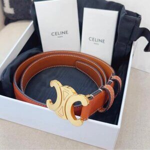 Celine Gold and Brown Leather Belt with Signature Buckle 85cm